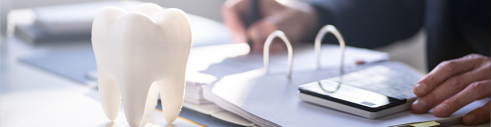 person writing in a notebook next to a model tooth